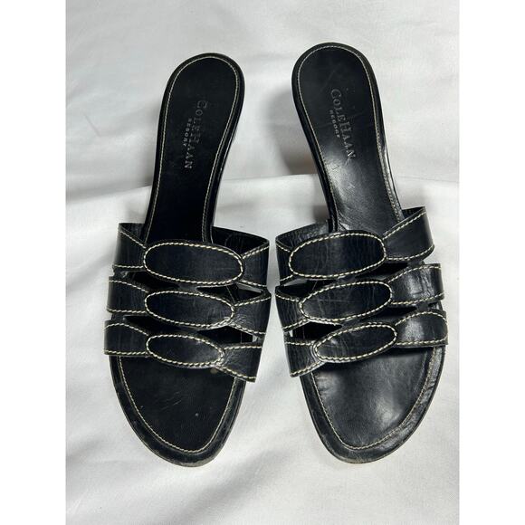 COLE HAAN OPEN TOE SHOES WOMENS 10 BLACK LEATHER BLOCK HEEL CASUAL SLIP ON - Picture 1 of 6